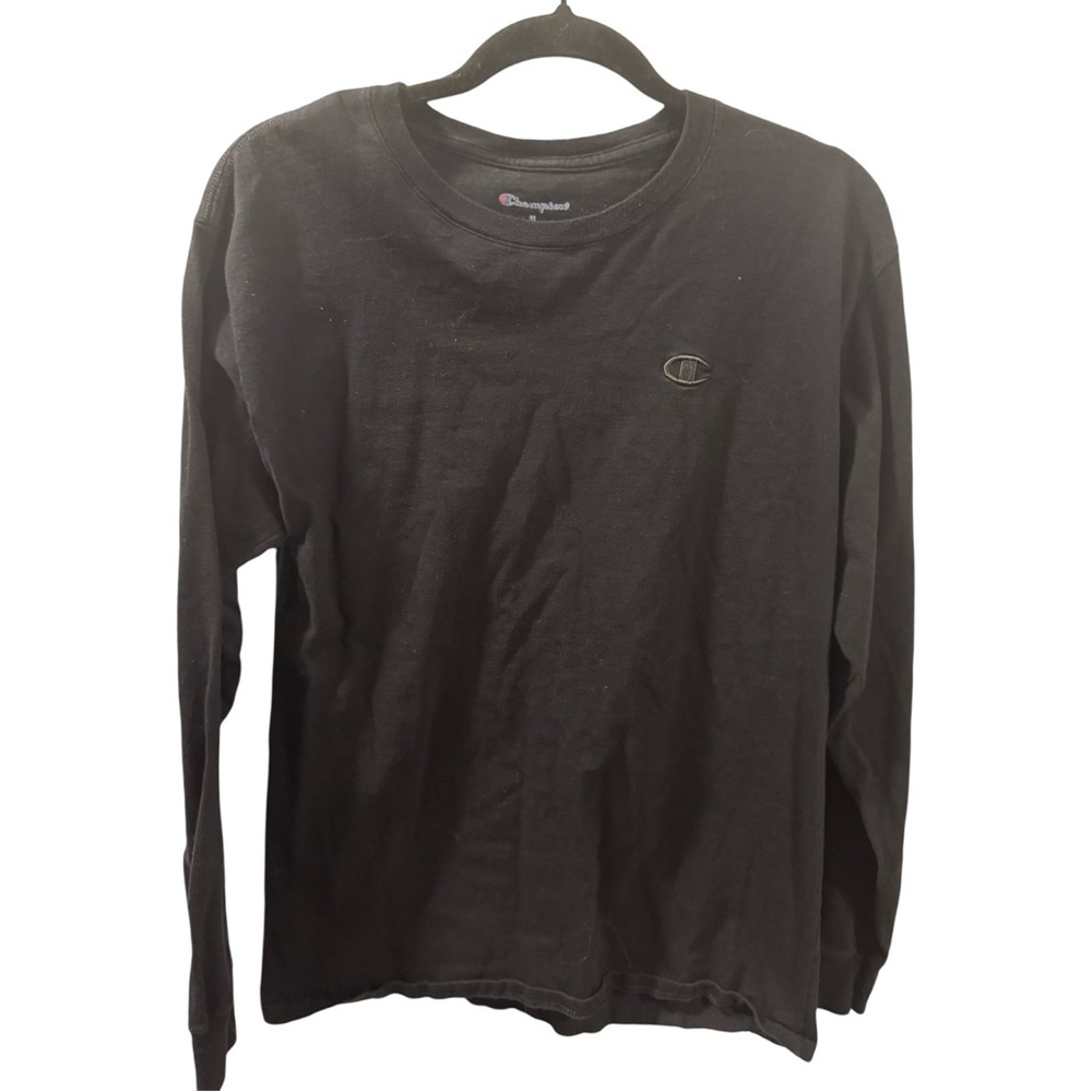 Champion T-Shirt Men's M Black Long Sleeve Logo Embroidered Crew Neck Pullover